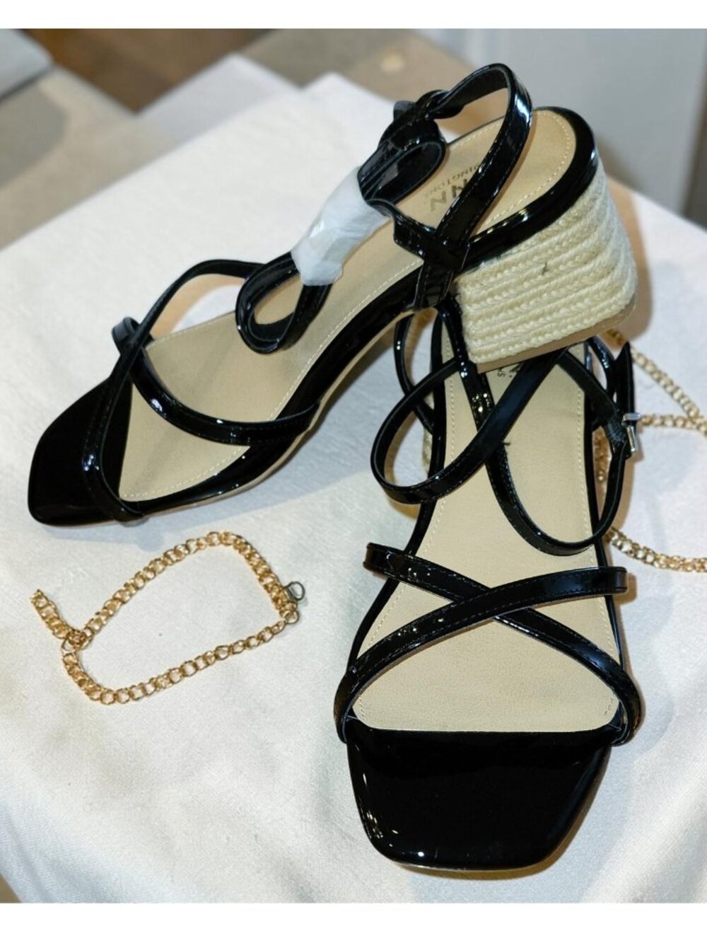 NEW Penningtons Black Strappy Sandals with Raffia Block 11WW (X-Wide)